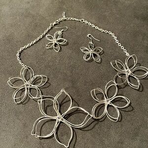 Floral Silver Necklace and Earring Set